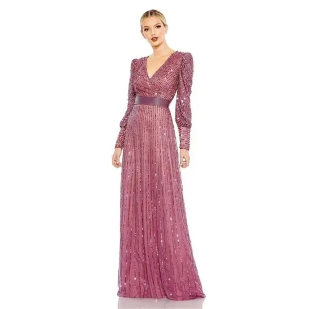 NWT Mac Duggal 5720 - Mauve Sequined Wrap Over Bishop Long Sleeve Gown